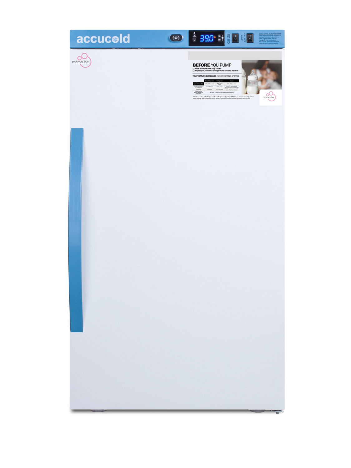 Purpose-built all-refrigerator for breast milk storage with 4 adjustable shelves, a hospital grade cord with 'green dot' plug, and antimicrobial silver-ion handle